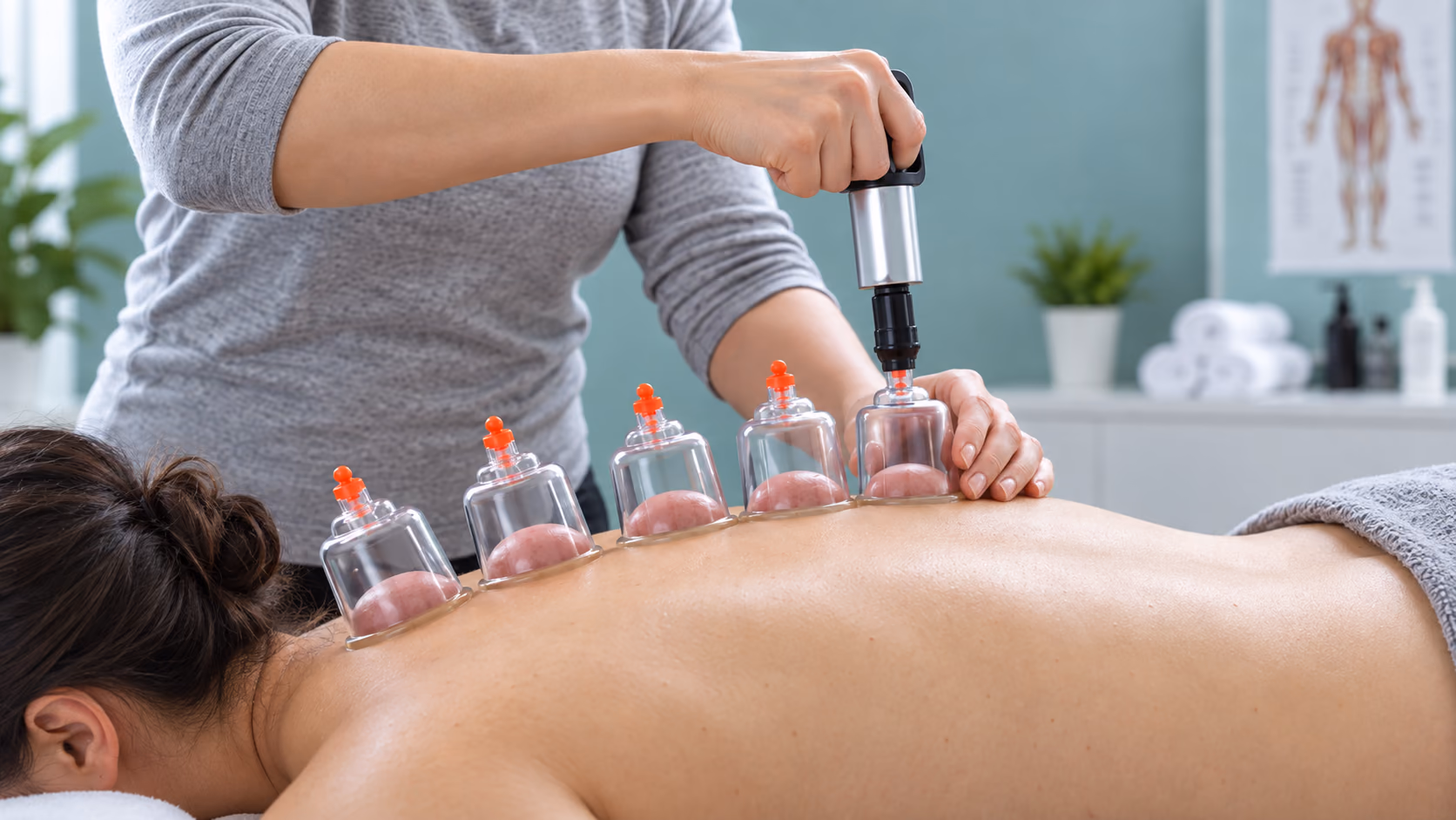 A practitioner placing cupping cups along a client's back in a clean treatment room